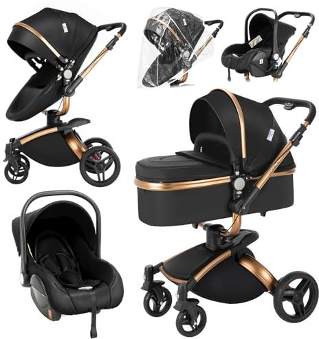 Magic ZC 360° Girevole Pelle PU Passeggino Trio, Passeggino 3 in 1 con Reversibile a Due Vie, Trio Passeggini Neonati con Accessori, Carrozzina per Neonati con Portatile Pieghevole Un Clic (906 Black)