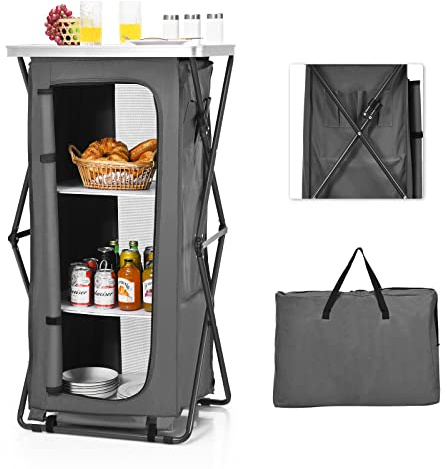 Goplus Folding Camping Storage Cabinet, Pop Up Outdoor Camping Kitchen Station with Large 3-Tier Storage Organizer, Carry Bag, Easy Set Up Portable Compact Camping Table for BBQ Picnic Backyard (47'')