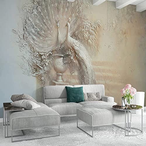 Papier Peint Panoramique Beige Paon Gaufré 3D Poster Mural pour Salon Chambre Décoration Murale