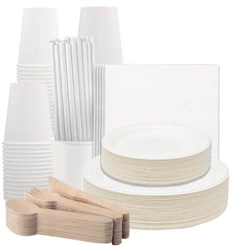 various Vajilla Desechable Ecológica 394 Piezas para 48 persona, Platos Desechables Elegantes Protección Vajillas Cubiertos Completas con Servilletas Vasos Pajitas para Cumpleaños Fiesta Camping