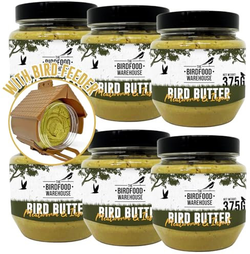 The Birdfood Warehouse Mealworm & Insect Bird Butter 375g (6 Pack with Feeder) | 100% Natural Wild Garden Bird Food, Peanut Butter for Birds, All Year Feed