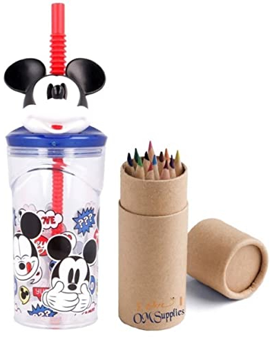 OM SUPPLIES Mickey Lot de 12 gobelets réutilisables pour enfants Motif personnages de dessins animés 23 x 7,5 x 7,5 cm Comprend un ensemble de 12 crayons (Mickey)