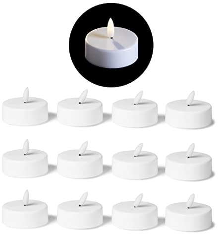 LED Teelicht Groß Mit Timer - 12er Set Warmweiß Kerze 3D Flamme Flackernd - 6cm Weiß Kunststoff 1x Batterie CR2032 Benötigt - Für Kerzenpick Auf Adventskranz