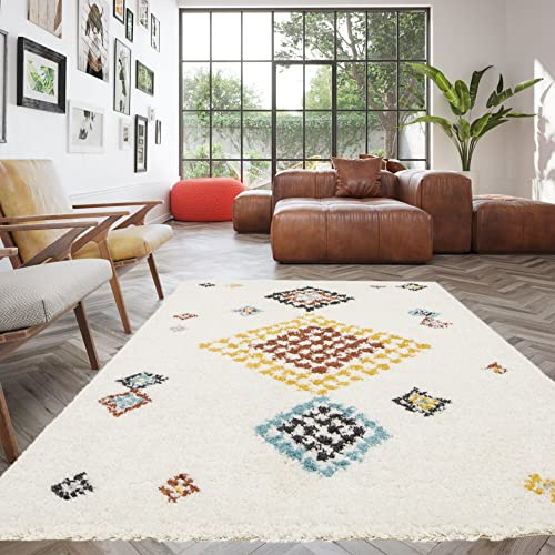 Berber Wohnzimmerteppich, Shaggy-Teppich im Ethno-Stil für das Wohnzimmer und Schlafzimmer, Weich und bequem, Pflegeleicht, 30 mm dick, Hochwertiges Polypropylen, 200x290 cm, Creme - Mehrfarbig