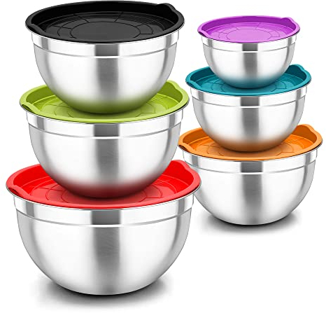 Joyfair Rührschüssel 6er Set, Edelstahl Schüssel Salatschüssel Set mit Luftdichten Deckel, Ideal zum Mischen & Servieren, Stapelbar & Spülmaschinenfest, 4.5 L/ 2.7 L/2.5L/ 1.5 L/1.2 L/0.7 L - Bunt