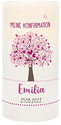Herz & Heim® Kerze zur Taufe/Kommunion/Konfirmation mit Beschriftung - Echtwachs LED Lebensbaum Rosa