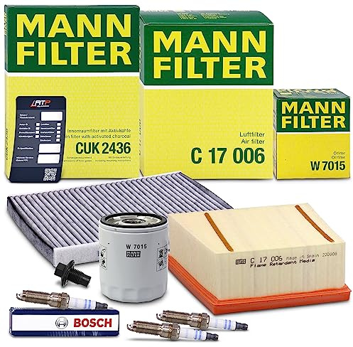 MANN-FILTER Inspektionspaket Filterset 1x Ölfilter, 1x Innenraumfilter (Aktivkohle), 1x Luftfilter, 3x Zündkerze Kompatibel mit FORD B-MAX, ECOSPORT,FIESTA Mk6,TOURNEO COURIER B460,TRANSIT COURIER