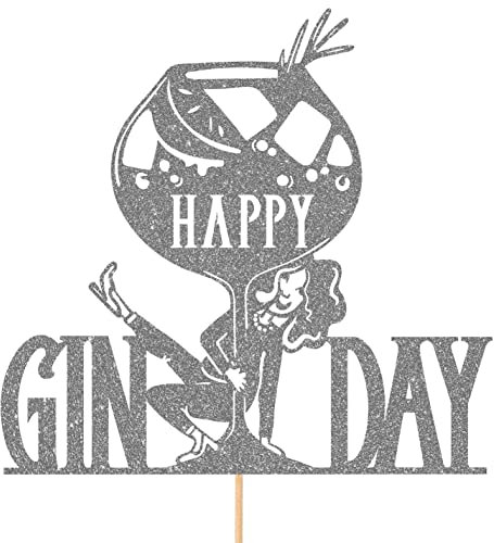 Funny Happy Gin Day Birthday/Hen Do Glitter Topper by Cakeshop | Custom Colour Dancing Gin Lover Alcohol Cake Decoration for Her 18th 19th 20th 21st 30th 40th 50th 60th 70th 80th 90th Dark Silver