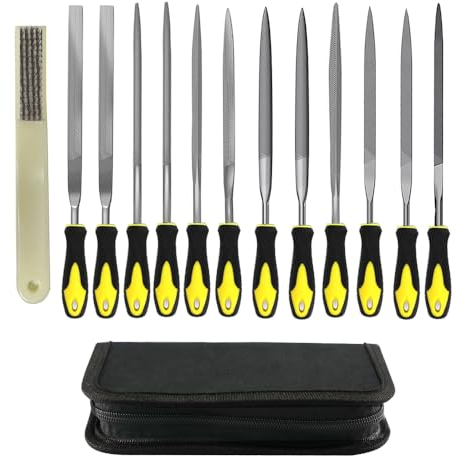 Needle File Set(13pcs), Small Metal File Set with Handle for Wood and Steel, Carbon Steel File Set Including Flat File & Squared File & Round File & Half Round File & Triangular File & a Brush