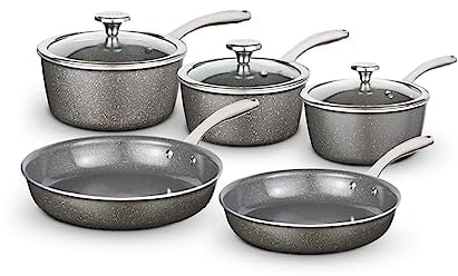 Tower T900209 Cerastone Pro 5 Piece Cookware Set with Non-Stick Coating and Riveted Steel Handles, 18/20/22cm Saucepans and 20/24cm Frying Pans, Graphite