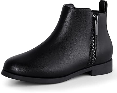 Harvest Land Girls Boots Kids Ankle Boots Zipper School Shoes Elegant Big Kid Fashion Winter Boots Zip-up Short Flat Bootie for Junior/Yourth Black with Fur UK3