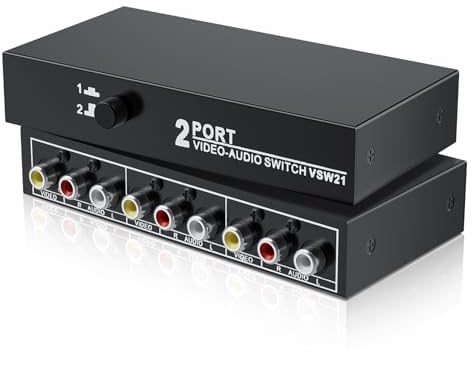 Conmutador RCA 2 en 1 salida de vídeo compuesto L/R, caja selector de audio 2 x 1, conmutador BolAAzuL de 2 vías RCA. Caja de interruptor AV de 2 puertos, Plug & Play para consolas de juegos N64, PS2