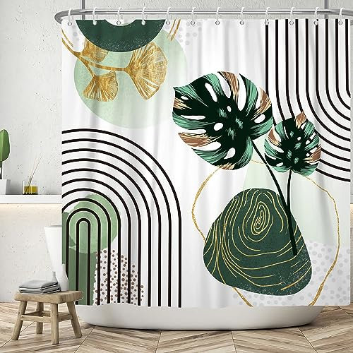 ASDCXZ Rideau de Douche Boho Feuilles 180x200 cm, Art Abstrait Moderne Style Boho Feuilles de Palmier Vert Or Lavables Textile Rideau de Bain imperméable pour Baignoire avec 12 Crochets