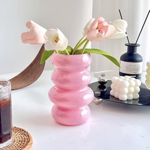 BLOFLO Hydrokultur-Blumenvase aus farbigem Glas, 17,8 cm, rosa Glasvase, vierschichtige, geometrische Glasvase für Heimdekoration, Moderne Blasen-Glasvase für Zuhause, Büro, Hochzeitstisch (Rosa)