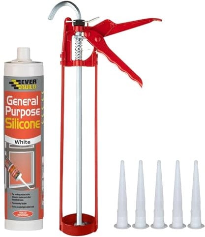 White Silicone Sealant Anti Mould Set - Bundle Includes Everbuild General Purpose Waterproof Sealant, 11' Inch Caulking Gun, Spare Silicone Nozzles