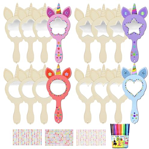 Einhorn Basteln Spiegel Holz - DIY Bastelset Kindergeburtstag, Holzspiegel Zum Bemalen für Kinder, Mini Holz Prinzessin Spiegel, Mitgebsel Geschenk Party für Mädchen