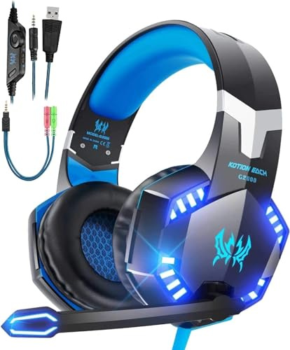 Laspi Casque Gaming avec Micro, Gaming Headset pour PS4/PS5/PC,Casque Gamer avec LED Lampe Stéréo Bass Microphone Réglable avec Micro 3.5mm Jack