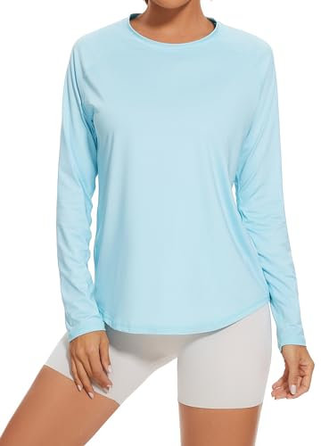 Gyabnw Long Sleeve Tops Women Lightweight Crew Neck Running Yoga UPF 50+ Workout T-Shirts Ladies Breathable Soft Casual Activewear Top Blue