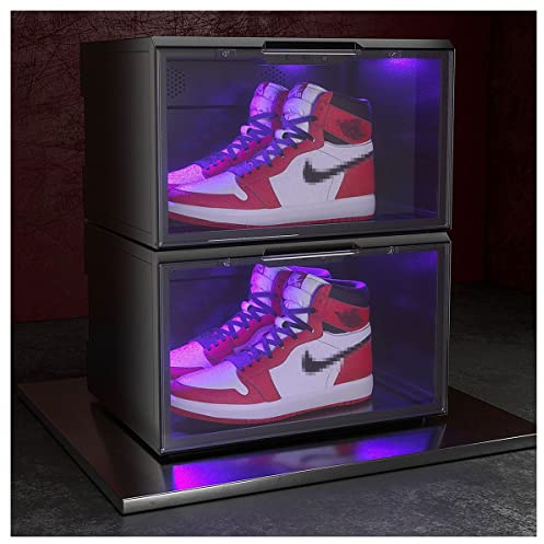 2 Packungen LED-Schuhboxen mit Sprachsteuerung, transparente Schuhhüllen für die Präsentation von Sneakers, stapelbare Kunststoff-Aufbewahrungsbox mit Deckel, magnetischer, seitlich offener Schu