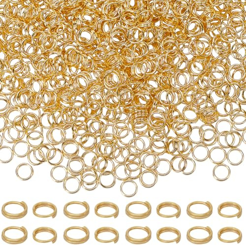 SUNNYCLUE 1 Box 1000Pcs Split Rings Double Loop 5mm Gold Jump Rings Bulk Round jewellery loops Connector Brass Mini Metal Ring for jewellery Making Supplies DIY Necklaces Bracelets Earrings Keychains