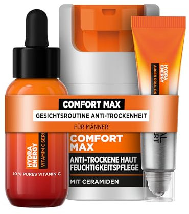 L'Oréal Men Expert Pflegeset gegen trockene Haut für Männer, Mit Gesichtscreme, Gesichtsserum und Augen Roll-On, Set für Herren mit Vitamin C und Ceramiden, Hydra Energy, Comfort Max, 3-teilig