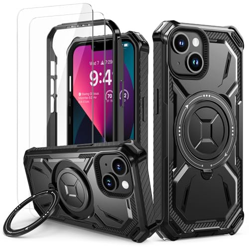 Lanhiem für iPhone 14 Plus Hülle mit 2 Stück Schutzfolie, 360° Ring Ständer Schutzhülle, Militärischer Stoßfest Handyhülle für iPhone 14 Plus Case, Schwarz