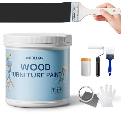 Mollor Matt Schwarz Holzfarbe Innen, Langlebig Farbe Für Möbel Ohne Schleifen, Kreidefarbe Shabby Chic Feinste Farbe Innen und Außen Möbellack Bastellfarbe (32oz/1kg, schwarz mit Werkzeugen)