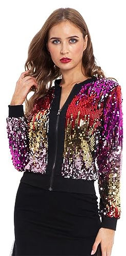 Baseball Jacke Damen Pailletten Reißverschluss Langarm Jacken mit Glitzer Bomberjacke Funkelnde Party Oberteil Outwear Blazermantel Bomberjacke Bikerjacke Übergangsjacke (XL)