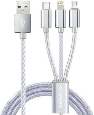 3m Multi USB 3.5A Strong Nylon Braided Fast Charge Universal 3-in-1 Charging Cable/Charger, Type-C USB C/MicroUSB/IP Port, for Mobile Phone/Tablets/Samsung etc. Silver Grey (3 Metre)