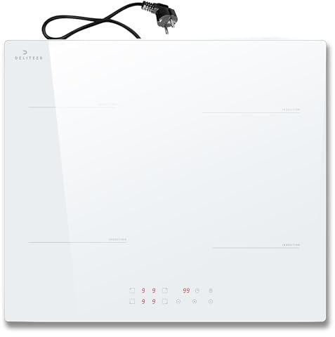 DELITEER Placa de inducción 4 en 1, placa de cocción empotrable, 59 cm con enchufe, cristal de cerámica blanco, 3500 W, 9 niveles de potencia, cerradura de seguridad