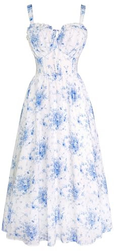 SCARLET DARKNESS Women's Summer Floral Sun Dresses Blue Midi A-Line Corset Pleated Smocked Victorian Boho Beach Dress L