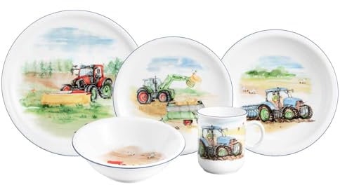 Seltmann Weiden Compact Kindergeschirrset 5-teilig, Teller-Set Schale und Becher für Kinder, Kinderservice mit bunten Motiven, Porzellan, Mein Traktor
