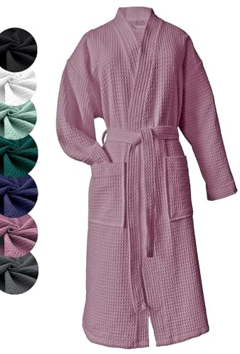 heimtexland ® Bademantel Waffelpique Reisebademantel Saunamantel 100% Baumwolle Oekotex leicht schnelltrocknend hautfreundlich für Damen und Herren Typ881 Mauve M