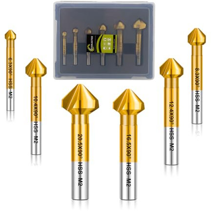 SANLEETEK Kegelsenker Set M2 HSS - Titan-plattiert Senker Bohrer Set für Edelstahl Eisen Aluminium Kupfer Metall Holz 6 Stück (6,3/8,3/10,4/12,4/16,5/20,5mm), Rundschaft