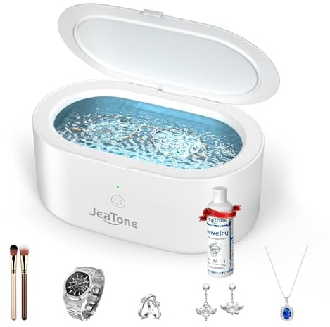 JeaTone Ultrasonic Jewelry Cleaner – 46kHz Sonic Cleaner for Rings, Glasses, Retainers, Dentures, Watches & More, 304 Stainless Steel 20oz Tank (White)
