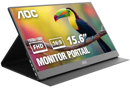 AOC 16T20 Portable Monitor 15.6 Inch FHD 1920x1080, IPS Panel Computer Display, Speakers, USB Type C x2, Mini HDMI x1, Premium Smart Cover, Gaming Console Compatible