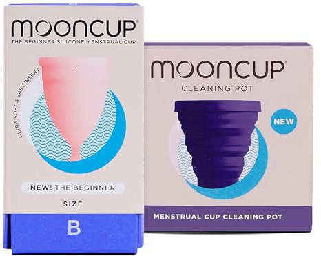 Mooncup® Beginner Menstrual Cup Starter Kit Bundle, Reusable, Ultra Soft & Easy Insert, Great for Heavy Flows, Size B, Age Under 30 & Mooncup Menstrual Cup Cleaning Pot