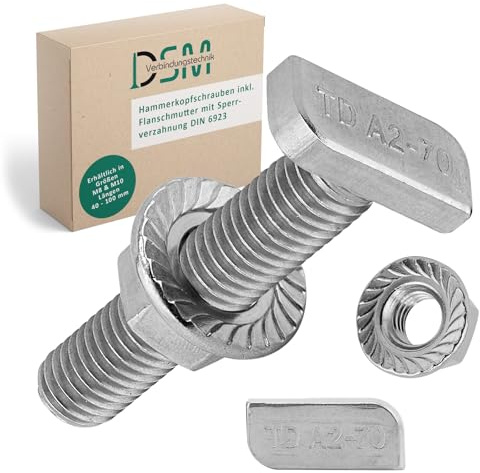 DSM – Hammerkopfschrauben M10 x 100 mm Typ 28/15 – Edelstahl A2 – 10 Stück | inkl. Flanschmutter mit Sperrverzahnung DIN 6923 [TrueSpec Präzision] für Montageschiene, Aluprofile, Solarmodule, C-Profile
