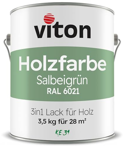 Viton Holzfarbe in Salbeigrün - 3,5 Kg Holzlack Seidenmatt - Wetterschutzfarbe für Außen - 3in1 Grundierung & Deckfarbe - Profi-Holzschutzlack - KE31 - RAL 6021 Blassgrün/Pastellgrün