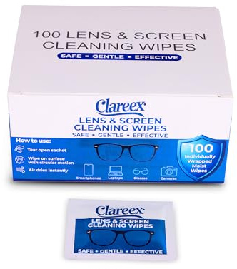 Clareex Premium Lens & Screen Cleaning Wipes – Individually Wrapped, Pre-Moistened, Fast-Drying, Anti-Streak & Unscented – Professional-Grade Wipes for Glasses, Phones & Tablets