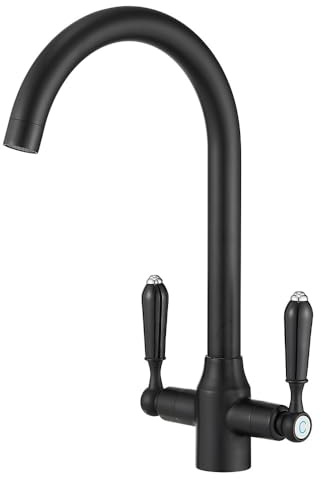 Heable Black Kitchen Sink Mixer Tap with Ceramic Dual Lever Monobloc Victorian Style Kitchen Taps 1 Hole Elegant Swivel Mono Traditional Sink Faucet with Flexible Hoses