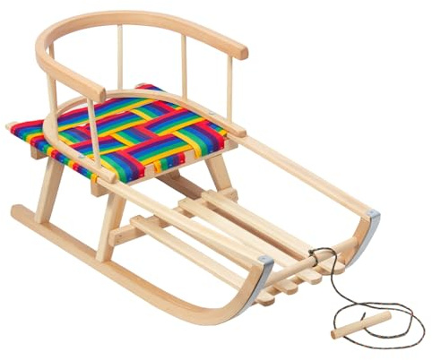Green Blue GB154 Holzschlitten Aus Buche Mit Abnehmbarer Rückenlehne, Gewebtem Stoffsitz, Metallkufen Und Zugkordel, Klassischer Kinderschlitten Bis 100 Kg