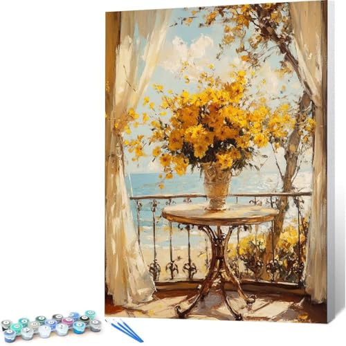 Türen Und Fenster Malen Nach Zahlen Erwachsene, Malen Nach Zahlen auf Leinwand mit Pinsel und Acrylfarben 30x40 DIY Kreativ Set für Erwachsene, Handgemalte Paint by Numbers Blumen, Home Decor 0j-741