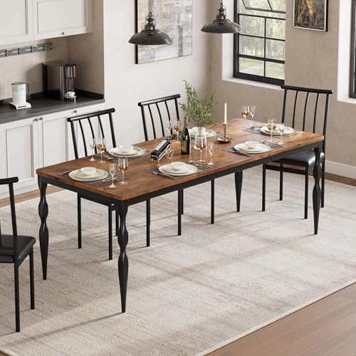 Mesa De Comedor Industrial De Estilo Rústico Para 6-8 Personas, Con Tablero Rectangular De Madera De 180 Cm, Patas De Metal Curvadas Resistentes. Ideal Para Cocinas Grandes, Comedores o Patios.