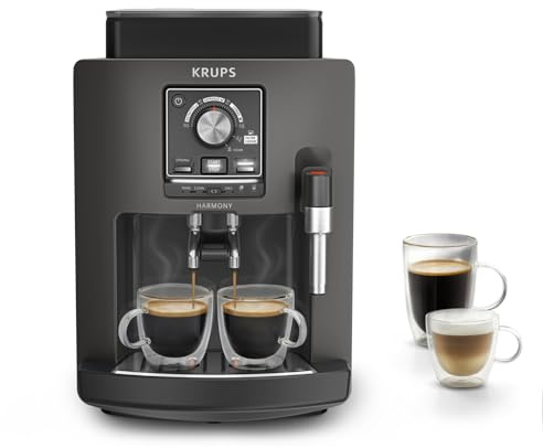 KRUPS Harmony Kaffeevollautomat mit Milchaufschäumdüse | 4 Kaffeespezialitäten, intuitive Bedienung, automatische Reinigung, Doppeltassenfunktion, kompaktes Design, Coal, EA508BE0