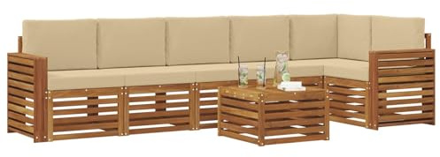 vidaXL Sofagarnituren 7 pcs Natur und Beige Massivholz Akazie, Moderne Garten-Sofagarnituren, robuste Loungemöbel, Akazienmodule für entspanntes Chillen im Freien