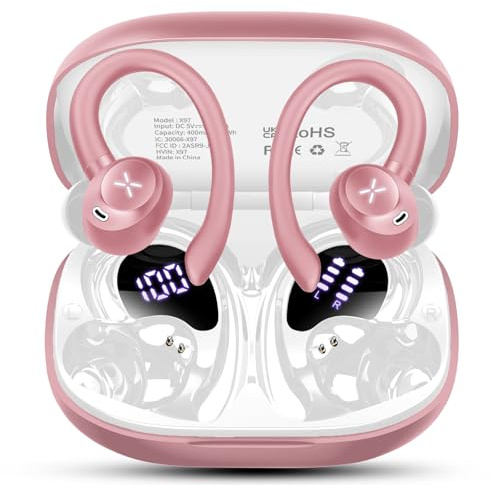 Auriculares Inalambricos Deportivos, 2026 Cascos Inalámbricos Bluetooth 5.4 HiFi Estéreo con 4 HD Mic, 50H Reproducción, IP7 Impermeable, Micrófono HD, LED, Ideal para Gym Running Fitness, Oro Rosa