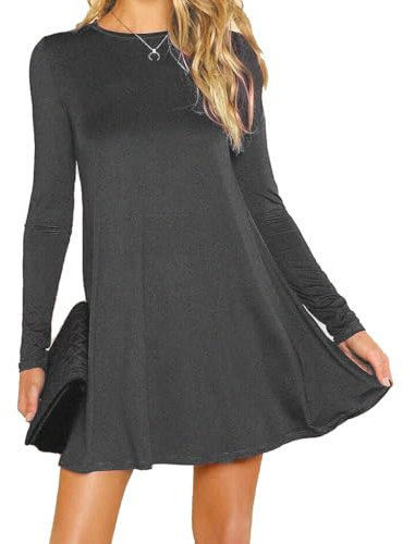 Womens Ladies Party Dresses for Women UK Long Sleeve Midi Plain Flared A line Skater Swing Dress Jersey Tee Plus Size Dress Summer Winter Charcoal Dark Grey 12-14