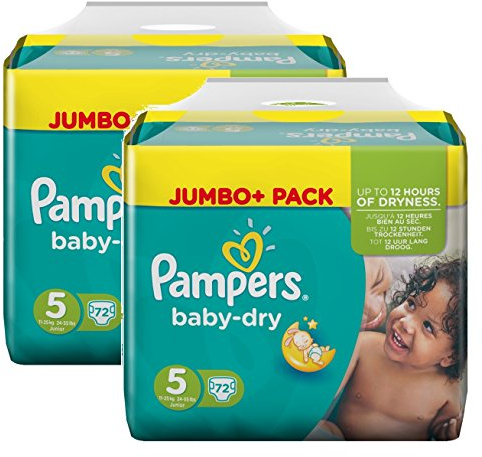 Pampers Baby Dry Größe 5 Junior 11-25kg Jumbo Plus Pack, 2er Pack (2 x 72 Windeln)