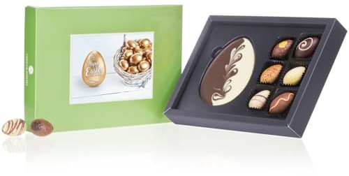 CHOCOLISSIMO – Cadeau de Pâques de Luxe – 6 Pralines Fines et Tablette Œuf en Chocolat Noir et Blanc, Assortiment Gourmand pour les Amateurs de Chocolat